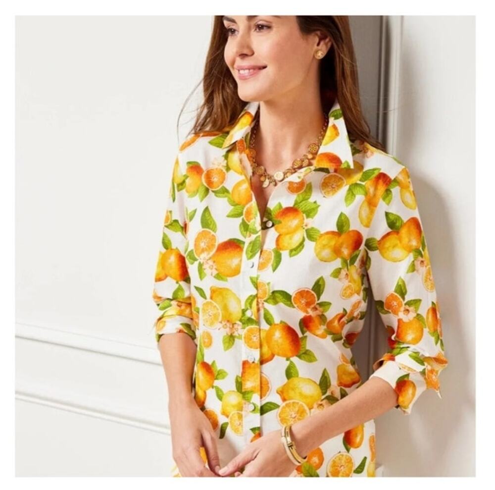 Talbots Citrus Orange Print Shirt Petite Small Cotton Button Down Preppy Resort